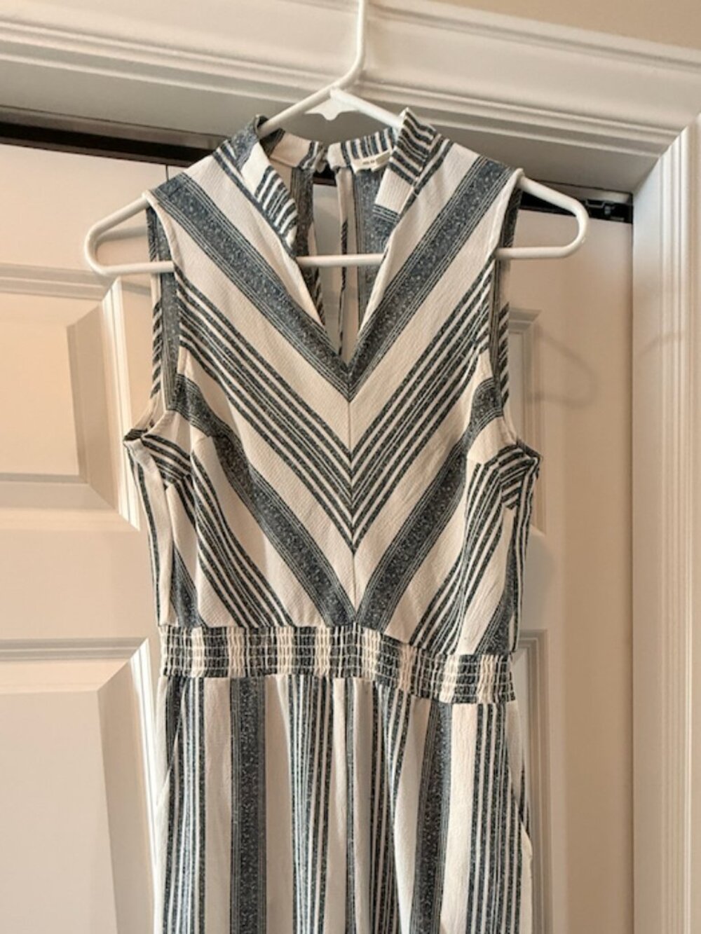 Monteau Blue Ivory Striped Cropped Jumpsuit Capri Wide Leg Size M
